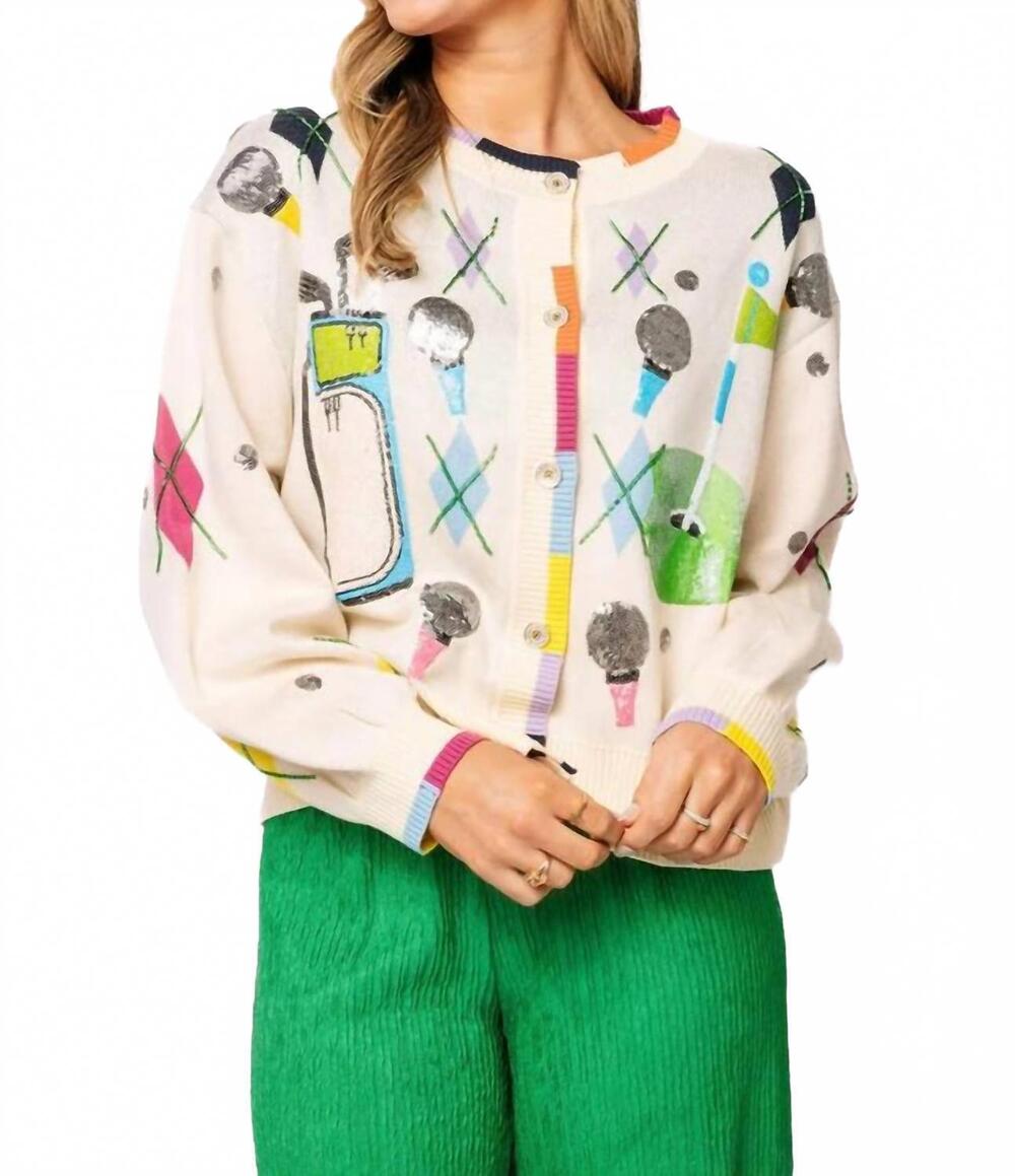 NEW QUEEN OF SPARKLES golf icon rainbow trim button up cardigan in multi argyle